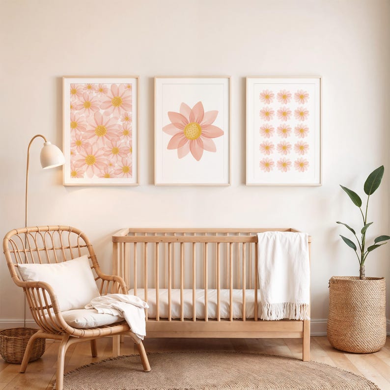 Peach Daisy Nursery Wall Art Set – Floral Prints for Baby Girl Room ...