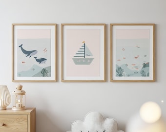 Individuelles maritimes Kinderzimmer-Set mit 3 druckbaren Bildern – Wal-Segelboot-Motiv mit Namensschild für das Babyzimmer eines Jungen