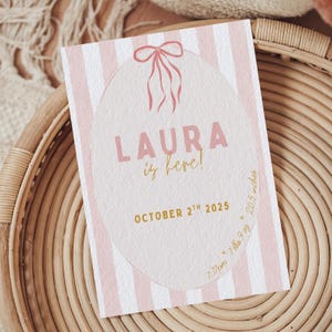Pink Coquette Bow Birth Announcement Baby Stats Printable, Newborn Sign, Modern Stripes Custom Birth Card for Girl, New Mom Gift