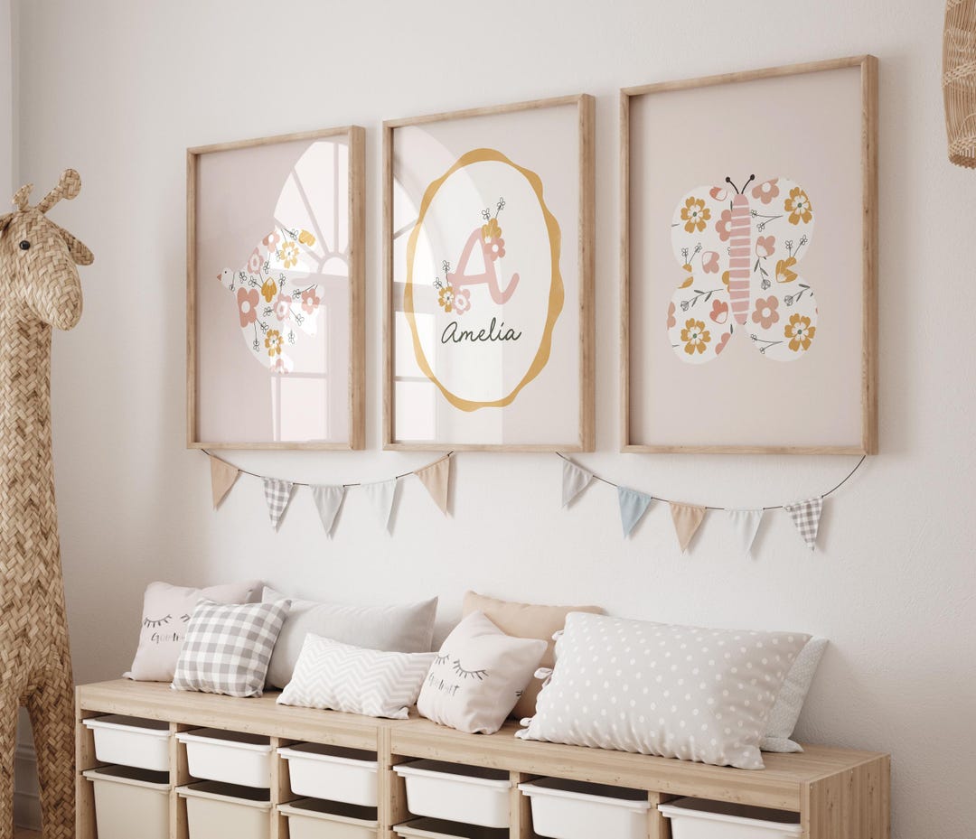 Floral Nursery Wall Art Set of 3 | Personalised Baby Girl Name Print ...