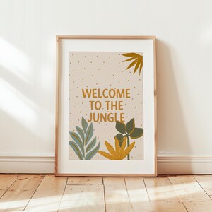 Arte de pared imprimible "Bienvenido a la jungla", decoración tropical, decoración de guardería de safari, decoración de habitación infantil de jungla, sala de juegos salvaje