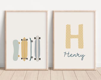 Personalisierte Skateboard Art Print Set, Cooler Junge Zimmer Wanddekoration, Name Kinderzimmer Poster, Baby-Dusche-Geschenk, digitaler Download Set von 2