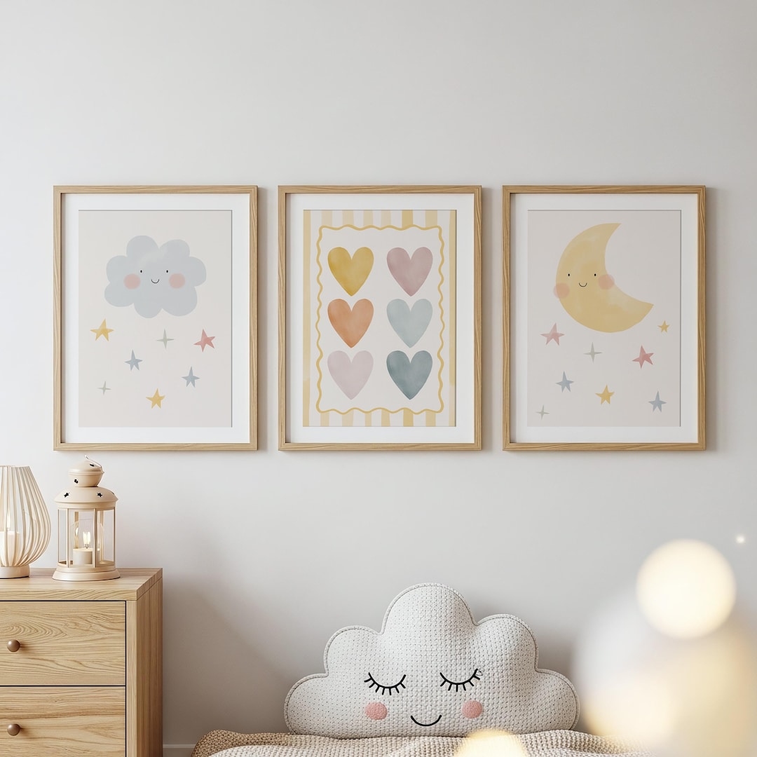 Cloud and Moon Nursery Wall Art Set of 3, Baby Girl Pastel Hearts ...