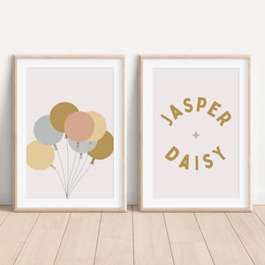 Letrero personalizado con nombre para hermanos, letrero con nombre para habitación compartida para gemelos, set imprimible de globos de colores pastel, regalo para baby shower de mamá primeriza.