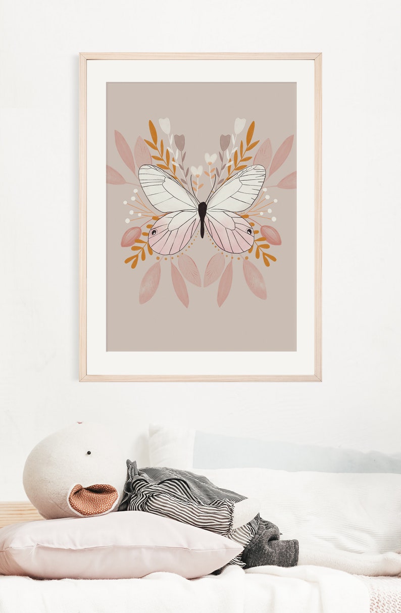 Pastel Pink Nursery Art, Pink Butterfly, Butterfly Print, Papillon Nature Wall Art, Nursery Wall Art, Girls Room Wall Art, Moth Print image 2