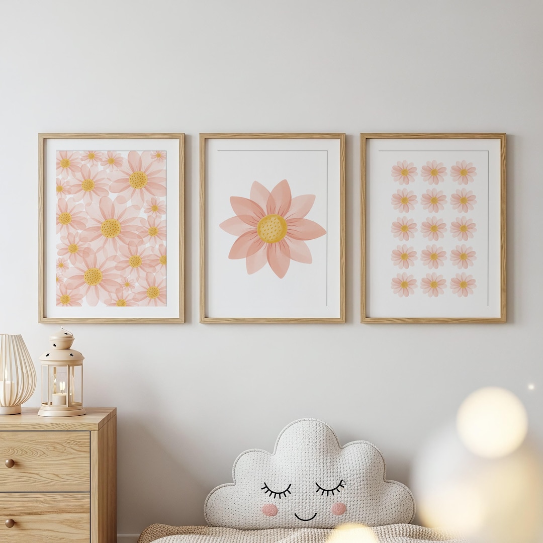 Peach Daisy Nursery Wall Art Set – Floral Prints for Baby Girl Room ...