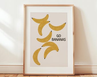 Go Bananas Print, Fun Kids Wall Art, Kitchen Fruit Decor, Yellow Kitchen Art, Fruit Printable, Banana Print, Funny Kids Room Wall Decor