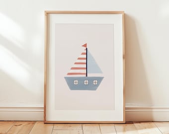 Sailing Boat Printable Wall Art, Nautical Nursery Decor, Sailing Boat Print, Kids Room Wall Art, Blue Red Nursery Decor, Baby Room Wall Art
