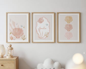 Custom Seashell Nursery Wall Art Set, Personalized Ocean Print, Pastel Coastal Decor for Baby Girl Room (Set of 3)