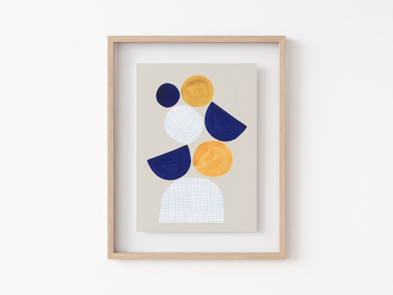Abstract Blue Watercolor, Original Painting, Mid-Century Modern Blue Mustard Yellow Printable, Contemporary Printable Wall Art, Half Circles image 2