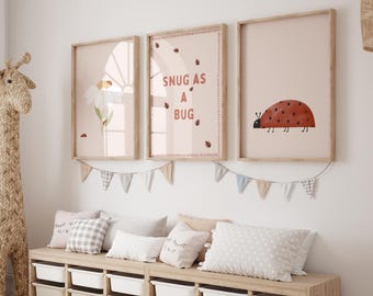 Marienkäfer Kinderzimmer Wand Kunst 3er Set, Snug wie ein Käfer Druck, Gänseblümchen Blume Kunst, Mädchen Zimmer Dekor, printable Download