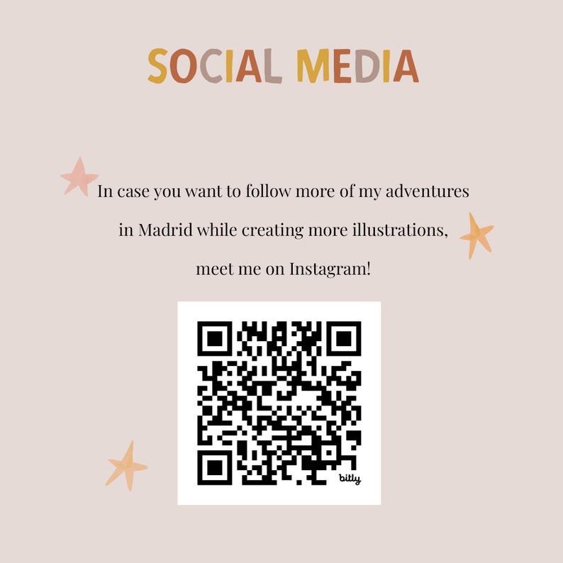 K&ouml;nnte beinhalten: Ein QR-Code mit dem Text "bitly" darunter. Der Text "SOCIAL MEDIA" befindet sich oben im Bild. Der Text "Falls du mehr von meinen Abenteuern in Madrid verfolgen m&ouml;chtest, w&auml;hrend ich weitere Illustrationen erstelle, triff mich auf Instagram!" befindet sich unter dem QR-Code.