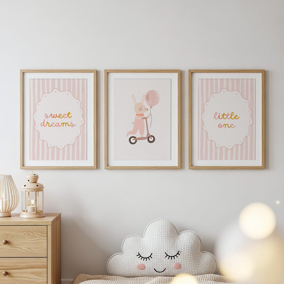 Bunny Nursery Wall Art Set of 3 | Pink Vintage Girl Nursery Prints ...