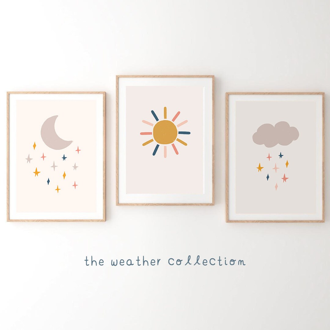 Set of 3 Cloud Sun Moon Stars, Nursery Art, Baby Girl Nursery Decor ...