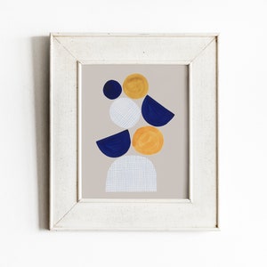 Abstracte blauwe aquarel, origineel schilderij, mid-century moderne blauwe mosterd geel afdrukbaar, hedendaagse afdrukbare kunst aan de muur, halve cirkels afbeelding 3