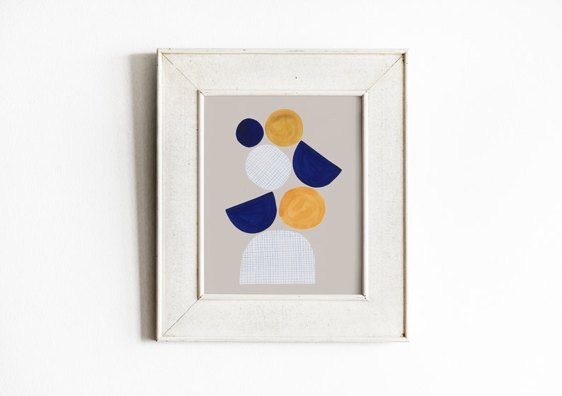 Abstracte blauwe aquarel, origineel schilderij, mid-century moderne blauwe mosterd geel afdrukbaar, hedendaagse afdrukbare kunst aan de muur, halve cirkels afbeelding 3