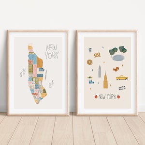 New York Wall Art Set, NYC-buurtkaartafdruk, Manhattan-poster, New York City-kunstafdrukken, iconische NY-illustratie, cadeau-idee NYC-liefhebber