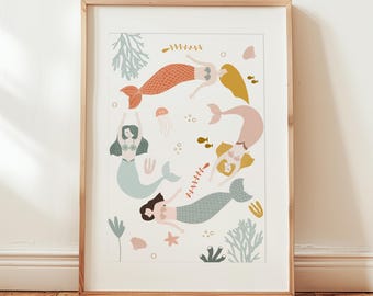 Mermaid Girl Nursery Print, Mermaid Art Print, Printable Mermaids, Mermaid Bedroom Decor, Under the Sea Playroom Print, Girls Bedroom Poster