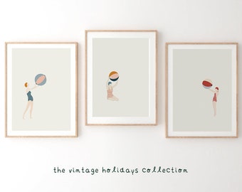 Set of 3 Vintage Beach Prints, Beach Minimalist Prints, Vintage Beach Art, Vintage Swimmer Illustration Print, Fashion Style Illustration