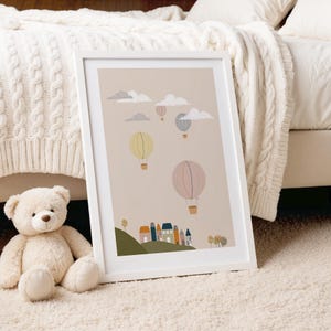 Heteluchtballonnen kinderkamer, afdrukbare muurkunst, neutrale pastelkleuren huizen afdrukken, reizen muurkunst, decor reizen kinderkamer, jongens meisjes kamer decor