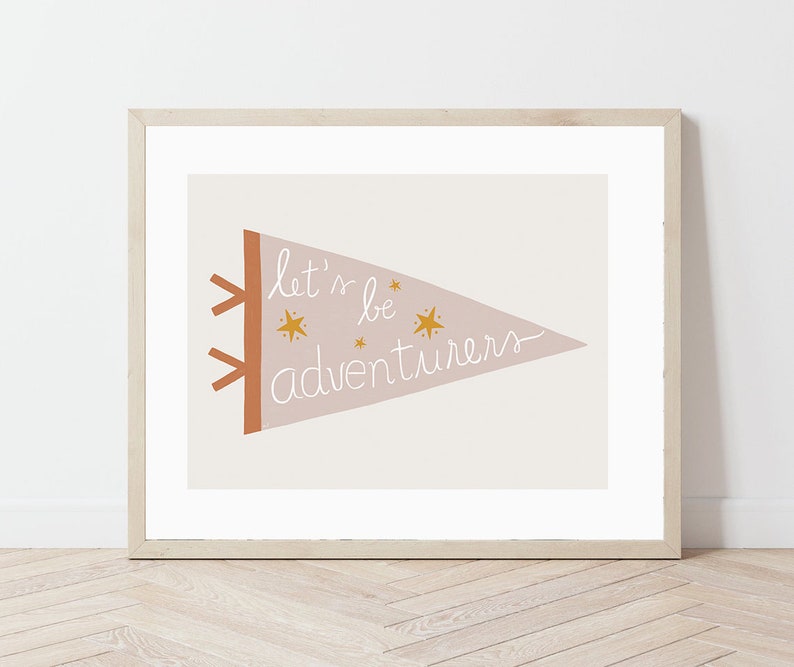 Let's Be Adventurers Print, Printable Pennant to Frame, Farmhouse Nursery Kids Wall Art, Pink Yellow Pennant, Pennant Digital Download image 2