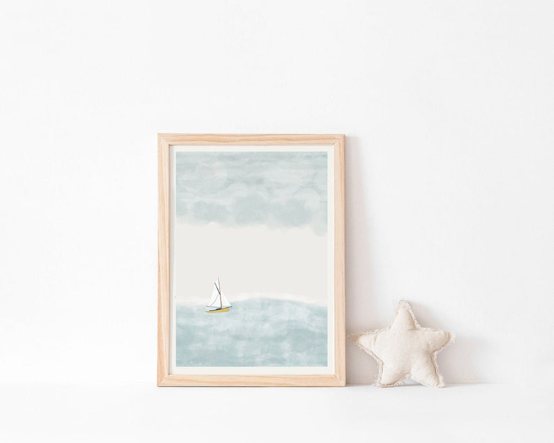 Sailing Boat Beach Decor Wall Art, Pastel Nautical Wall Print, Nautical Printable Poster, Blue Ocean Printable, Nautical Nursery Wall Art image 4