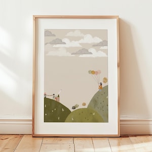 May include: A digital illustration of a person holding balloons on a hilltop. The person is wearing a yellow jacket and a blue hat. The hills are green and there are clouds in the sky. The illustration is in a muted colour palette.