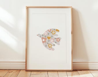 Arte de pared imprimible con pájaros de primavera, estampado floral de pájaros, arte floral para guardería, estampado rosa para guardería, estampado de flores rosas para dormitorio de niña, arte de pájaros adorables