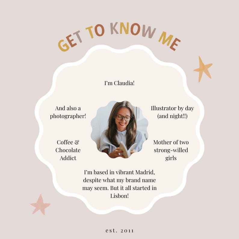 K&ouml;nnte beinhalten: Eine hellrosa und beigefarbene Illustration einer Frau mit Brille und einem Buch. Der Text "Get to Know Me" befindet sich in einem Kreis mit wei&szlig;em Rand und einem braunen, gelben und orangenen Farbschema. Der Text "I'm Claudia!" befindet sich unterhalb des Kreises. Der Text "And also a photographer!" befindet sich in der oberen linken Ecke. Der Text "Illustrator by day (and night!!)" befindet sich in der oberen rechten Ecke. Der Text "Coffee & Chocolate Addict" befindet sich in der unteren linken Ecke. Der Text "Mother of two strong-willed girls" befindet sich in der unteren rechten Ecke. Der Text "I'm based in vibrant Madrid, despite what my brand name may seem. But it all started in Lisbon!" befindet sich in der Mitte des Bildes. Der Text "est. 2011" befindet sich am unteren Rand des Bildes.