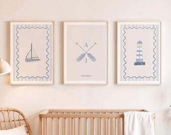 Nautical Nursery Custom Prints Set of 3 - Vintage Sailboat, Paddles and Lighthouse, Personalized Coastal Decor, Nautical Wall Decor Kids