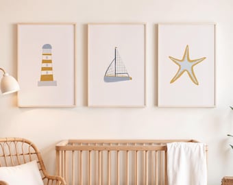 Set of 3 Prints, Nautical Nursery Art, Boy Nautical Nursery Prints, Sailboat Ocean Nursery Decor, Kids Room Art Prints, Baby Shower Gift