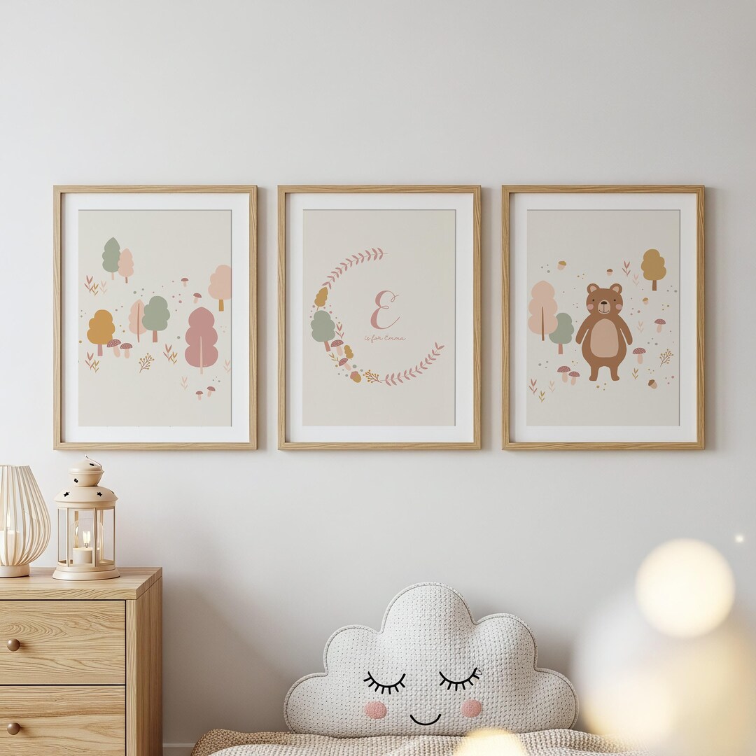 Personalized Woodland Nursery Prints Set of 3, Custom Name Forest Wall ...