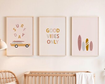 Boho Beach Nursery Wall Art Set of 3, Surf Girl Room Decor, Ocean Theme Nursery Printable, Coastal Nursery Prints, Surf Baby Room Art
