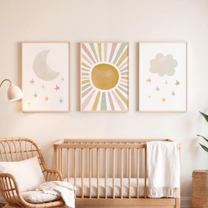 Set de 3 láminas decorativas celestiales para habitación infantil: Nube, Luna y Sol. Decoración unisex para habitación de bebé. Arte minimalista bohemio para pared.