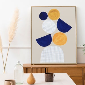 Abstract Blue Watercolor, Original Painting, Mid-Century Modern Blue Mustard Yellow Printable, Contemporary Printable Wall Art, Half Circles image 5