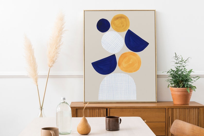 Abstract Blue Watercolor, Original Painting, Mid-Century Modern Blue Mustard Yellow Printable, Contemporary Printable Wall Art, Half Circles image 5