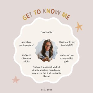 May include: A light beige graphic with the text "GET TO KNOW ME" in brown and yellow. The image includes a photo of a woman, text describing her as an illustrator, photographer, and coffee and chocolate addict. The text also mentions she is a mother of two and based in Madrid, est. 2011.