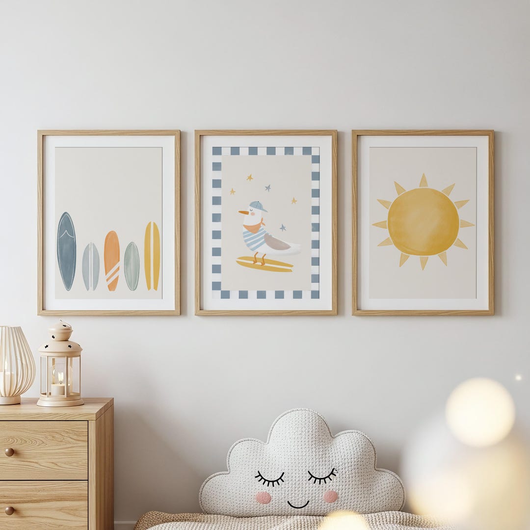 Coastal Nursery Wall Art Set of 3, Surfing Seagull Print, Surfboard Art ...