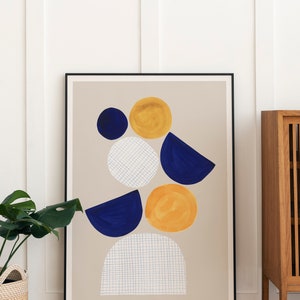 Abstract Blue Watercolor, Original Painting, Mid-Century Modern Blue Mustard Yellow Printable, Contemporary Printable Wall Art, Half Circles image 4