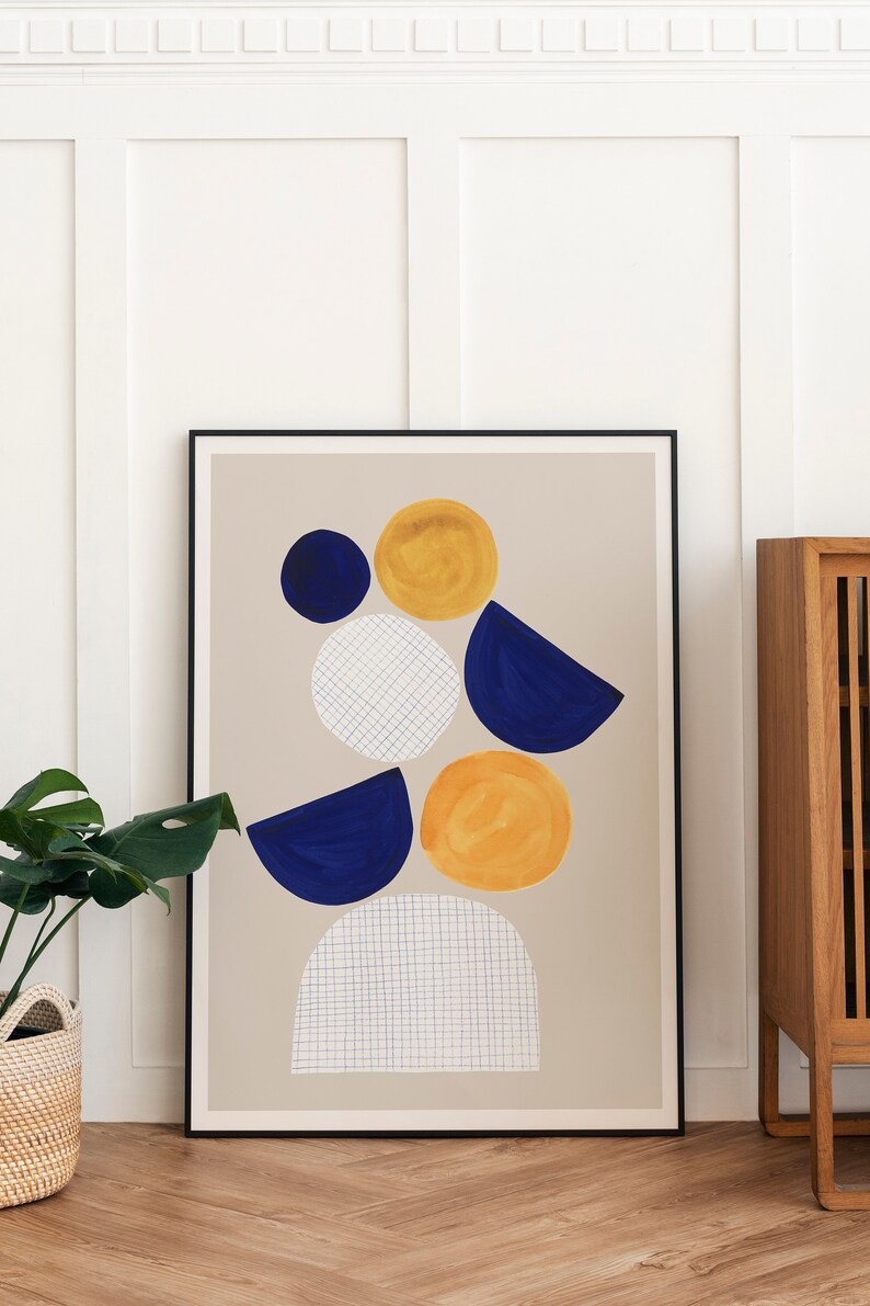 Abstract Blue Watercolor, Original Painting, Mid-Century Modern Blue Mustard Yellow Printable, Contemporary Printable Wall Art, Half Circles image 4