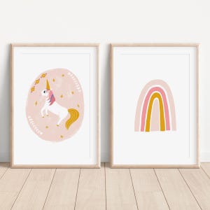 Magical Unicorn Rainbow Printable Set for a Girl&#39;s Bedroom, Kids Art Prints, Pink Unicorn Wall Art, Pink Rainbow Nursery Wall Decor