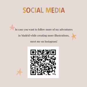 K&ouml;nnte beinhalten: Ein QR-Code mit dem Text "bitly" darunter. Der Text "SOCIAL MEDIA" befindet sich oben im Bild. Der Text "Falls du mehr von meinen Abenteuern in Madrid verfolgen m&ouml;chtest, w&auml;hrend ich weitere Illustrationen erstelle, triff mich auf Instagram!" befindet sich unter dem QR-Code.