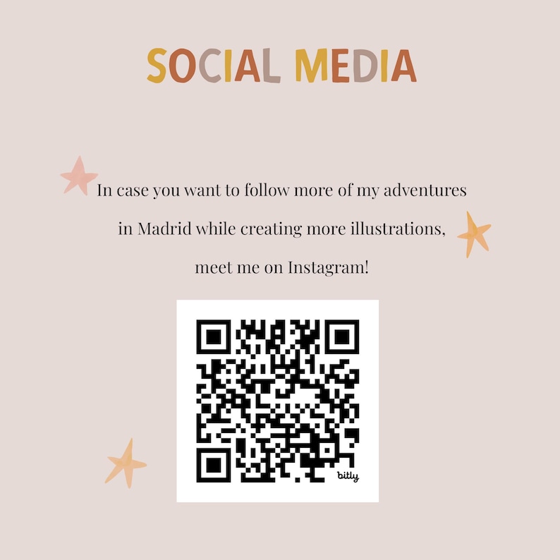 K&ouml;nnte beinhalten: Ein QR-Code mit dem Text "bitly" darunter. Der Text "SOCIAL MEDIA" befindet sich oben im Bild. Der Text "Falls du mehr von meinen Abenteuern in Madrid verfolgen m&ouml;chtest, w&auml;hrend ich weitere Illustrationen erstelle, triff mich auf Instagram!" befindet sich unter dem QR-Code.
