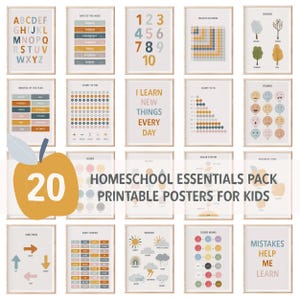 Set of 20 Homeschool Prints for Kids, Toddler Playroom, Educational Posters, Montessori Classroom, Playroom Neutral Decor