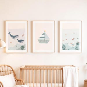 Nautical Nursery Set of 3 Printable Wall Art, Whale Sailing Boat Nursery Art Print Set, Nautical Wall Decor Boy’s Room, Baby Shower Gift