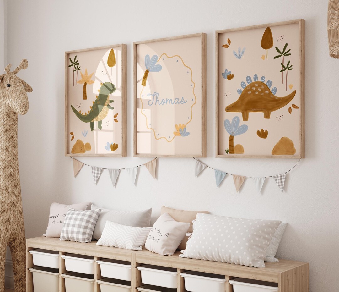 Dinosaur Nursery Prints Set of 3, Personalized Name Wall Art, Vintage ...