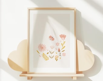 Wildflowers Pink Sage Green Baby Girl Nursery Wall Art Decor, Floral Illustration Printable for Kids Rooms