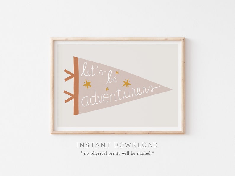 Let's Be Adventurers Print, Printable Pennant to Frame, Farmhouse Nursery Kids Wall Art, Pink Yellow Pennant, Pennant Digital Download image 1