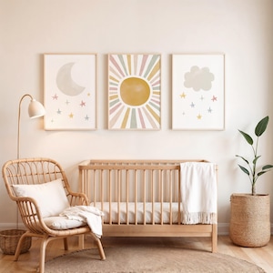 Celestial Nursery Art Set of 3, Cloud Moon Sun Printable, Gender Neutral Baby Room Decor, Minimalist Boho Wall Art