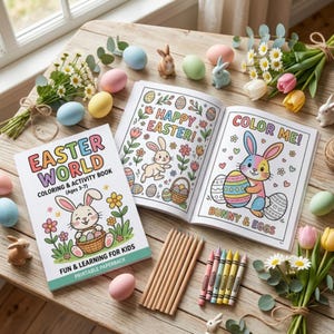 Könnte beinhalten: Ein offenes Malbuch zum Thema Ostern mit dem Text "COLOR ME!" und "BUNNY & EGGS" wird neben einem Malbuch mit dem Titel "EASTER WORLD" angezeigt. Die Szene umfasst Buntstifte, dekorative Eier und Hasenfiguren auf einem Holztisch.